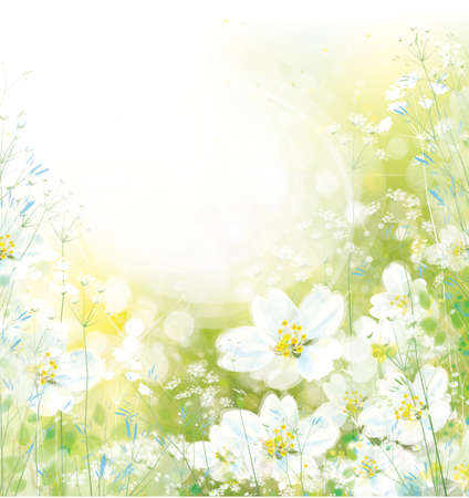 Vector  green, spring,  floral background. White flowers and plants nature background.のイラスト素材