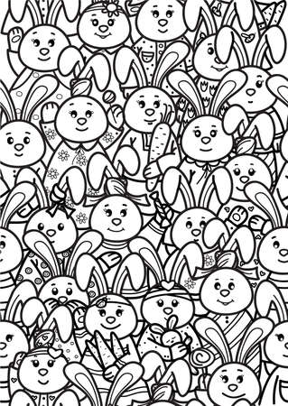 Vector cute rabbits cartoons, coloring page. Seamless pattern of rabbits cartoons.のイラスト素材