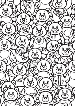 Vector cute bears cartoons, coloring page. Seamless pattern of Teddies cartoons.のイラスト素材
