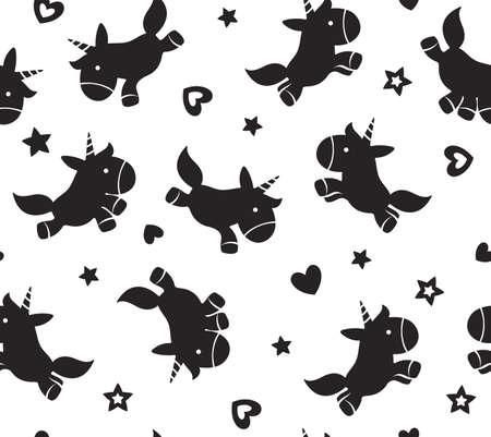 Vector cute unicorns cartoons seamless pattern, black silhouettes.のイラスト素材