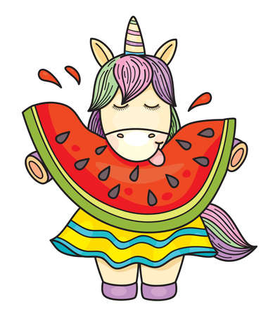 Vector little unicorn girl cartoon eating watermelon.のイラスト素材