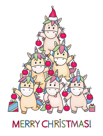 Vector funny unicorns holding baubles. Unicorns Christmas tree. Merry Christmas card.のイラスト素材