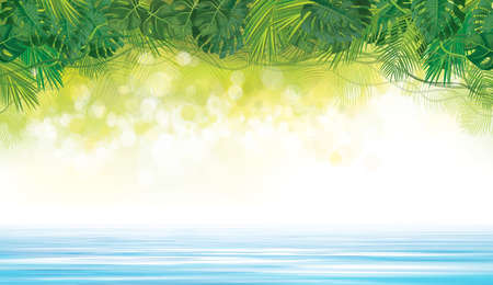 Vectot tropical background. Exotic leaves  and water, summer background.のイラスト素材