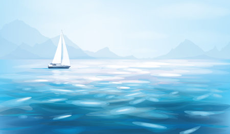 Vector blue sea view and yacht. Blue seascape background.のイラスト素材