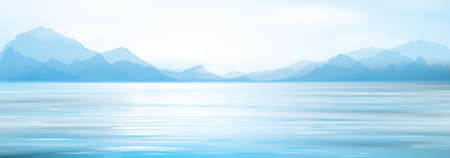 Vector blue sea water and mountains  background.のイラスト素材