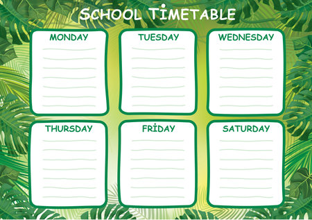 Vector template school timetable, green, tropical leaves design.のイラスト素材