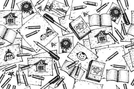 Vector school doodles seamless pattern. Hand drawn background with school supplies.のイラスト素材