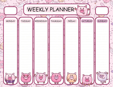 Vector template weekly planner.  Funny piglets  cartoons design.のイラスト素材