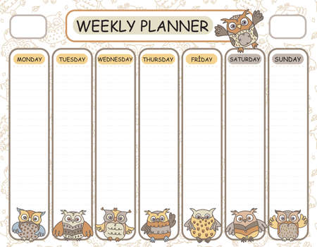 Vector template weekly planner. Owls cartoons design.のイラスト素材