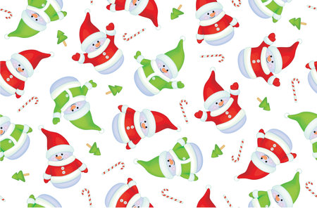 Vector Christmas seamless pattern. Funny snowmen cartoons, isolated on white.のイラスト素材