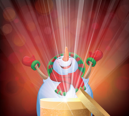 Vector happy snowman with a gift box. Merry Christmas greeting card.のイラスト素材