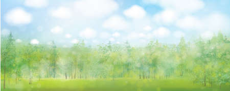 Vector green forest and blue sky,  nature background.  Summer  landscape.のイラスト素材