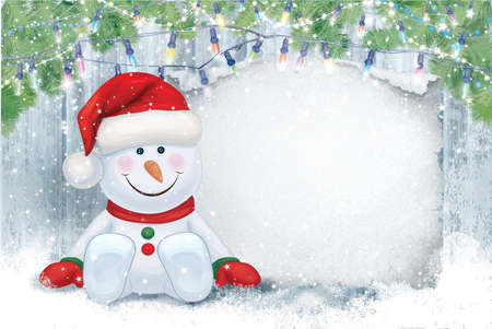 Merry Christmas card. Cute snowman cartoon, greeting card for winter holidays.の写真素材