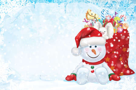 Vector Merry Christmas card. Cute snowman cartoon with presents, greeting card for winter holidays.のイラスト素材