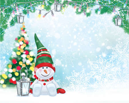 Vector Merry Christmas card. Cute snowman cartoon, greeting card for winter holidays.