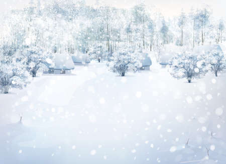 Vector winter landscape with houses in forest.のイラスト素材