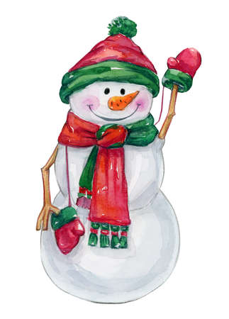 Cute, smiling snowman cartoon, isolated on white. Watercolor illustration.の写真素材