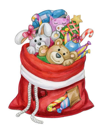 Santa Claus red bag with toys and gifts, isolated on white. Merry Christmas greeting card.  Watercolor illustration.の写真素材
