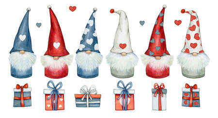 Cute gnomes cartoons and gifts, isolated on white. Watercolor illustration.の写真素材
