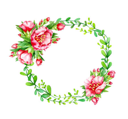 Red flowers and  green leaves,  abstract circle frame, isolated on white. Watercolor hand drawn illustration.の写真素材