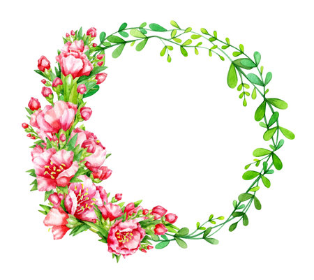 Red flowers and  green leaves,  abstract circle frame, isolated on white. Watercolor hand drawn illustration.の写真素材