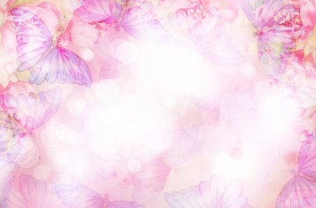 Abstract, pink, bokeh background.  Flora and butterflies. Illustration.の写真素材