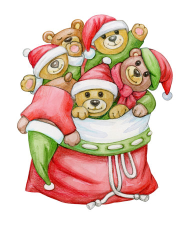 Christmas bag full of cute Teddy bears, isolated on white. Watercolor illustration.の写真素材