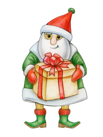 Santa Claus holding gift, isolated on white. Watercolor illustration.の写真素材