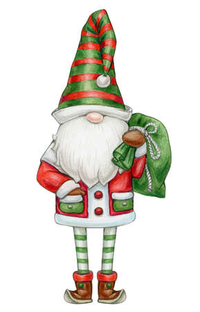 Christmas cute gnome  cartoon, isolated on white. Merry Christmas greeting card. Watercolor illustration.の写真素材