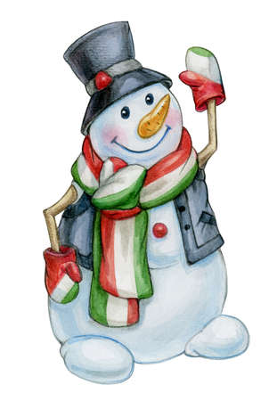 Snowman cartoon, isolated on white. Watercolor illustration.の写真素材