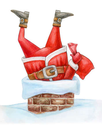 Santa stucked in chimney, isolated on white. Watercolor illustration.の写真素材
