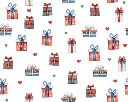 Christmas seamless pattern of gifts,  isolated on white. Watercolor illustration.の写真素材