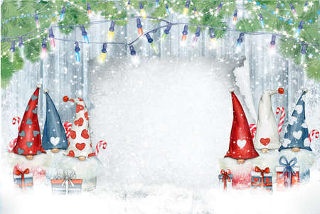 Christmas  gnomes cartoons, greeting card for winter holidays. Merry Christmas greeting card.の写真素材