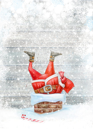 Santa stucked in chimney. Watercolor illustration. Merry Christmas greeting card.の写真素材
