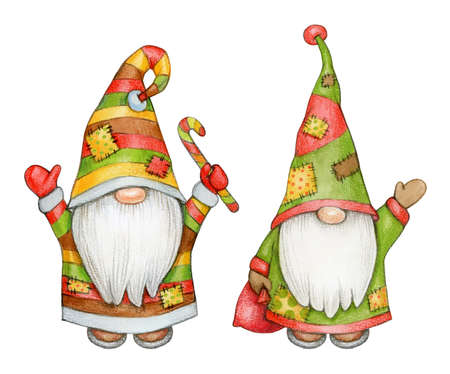 Cute gnomes  cartoon, isolated on white. Watercolor illustration.の写真素材