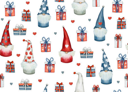 Cute gnomes cartoons and gifts seamless pattern, isolated on white. Watercolor illustration.の写真素材