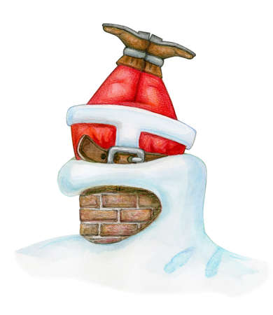 Santa stucked in chimney, isolated on white. Watercolor illustration.の写真素材