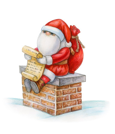 Santa  Claus sitting on chimney and reading letter, isolated on white. Watercolor illustration.の写真素材