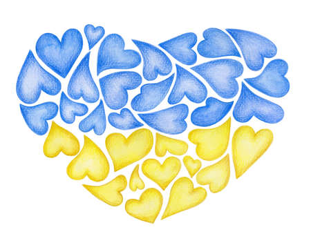 Heart shape  made in symbol  ukrainian colors, blue and yellow, isolated on white background. Watercolor illustration.の写真素材