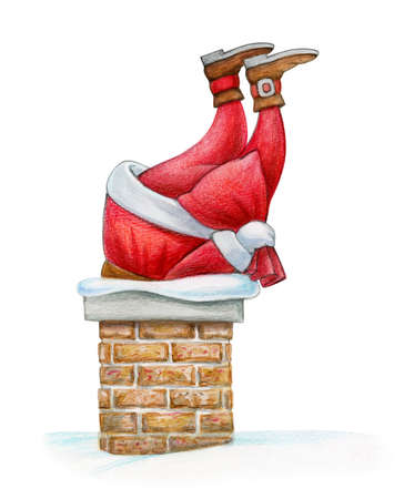 Santa stucked in chimney, isolated on white. Watercolor illustration.の写真素材