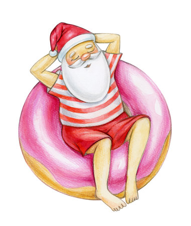 Santa Claus cartoon relaxing on donut, isolated on white. Watercolor illustration.の写真素材
