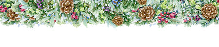 Christmas  branches decoration isolated on white.  Christmas border. Watercolor illustration.の写真素材