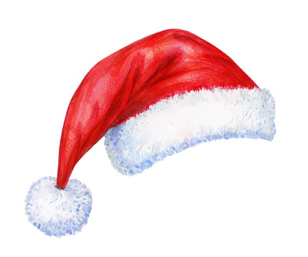Red Santa Claus hat, isolated on white. Watercolor illustration.の写真素材