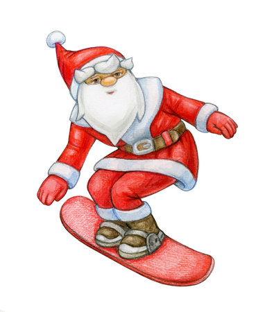 Santa Claus cartoon on snowbord, isolated on white. Watercolor illustration.の写真素材
