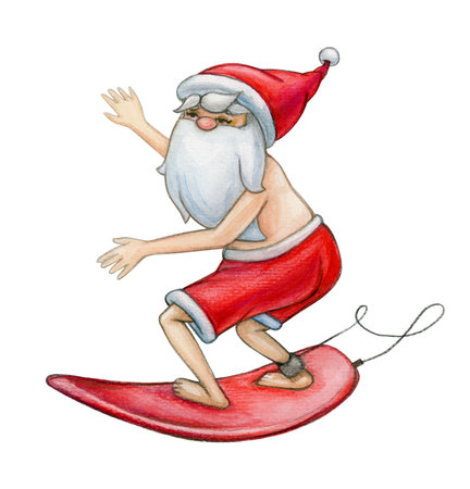 Surfing Santa Claus cartoon, isolated on white. Watercolor illustration.の写真素材