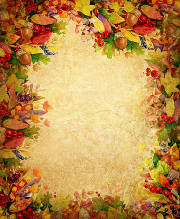 Autumnal colorful leaves  frame.  Autumnal background.  Watercolor illustration.の写真素材
