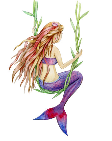 Mermaid  cartoon isolated on white, watercolor illustration.の写真素材