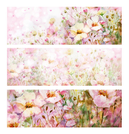 Floral pink banners. Watercolor flowers. Illustrations.の写真素材