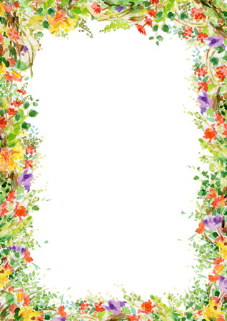 Colorful flowers, foral frame  isolated on white. Floral border. Watercolor illustration.の写真素材
