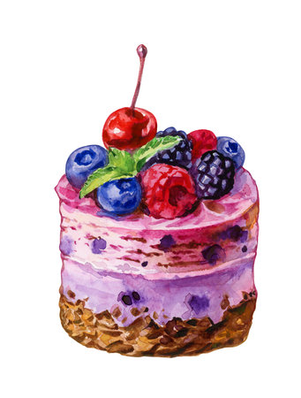 Sweet dessert with  berries  on top, isolated on white. Watercolor illustration.の写真素材